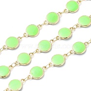 Handmade Alloy Enamel Flat Round Link Chains, with Spool, Soldered, Long-Lasting Plated, Lead Free & Cadmium Free, Golden, Light Green, 13x8x2.3mm, about 16.4 Feet(5m)/roll(ENAM-F138-03A-RS)