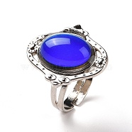 Glass Oval Mood Ring, Temperature Change Color Emotion Feeling Alloy Adjustable Ring for Women, Platinum, Inner Diameter: 17.3~18.5mm(RJEW-C031-02P)