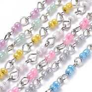 Handmade Glass Seed Beaded Chains, with Iron Eye Pins, Platinum, Unwelded, Mixed Color, 39.37 inch(1m), Link: 3~4x13.5x0.8~3mm, 1m/strand(AJEW-JB00499)