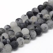Natural Black Rutilated Quartz Beads Strands, Frosted, Round, 8~9mm, Hole: 1mm, about 45~48pcs/strand, 15.7 inch(G-R446-8mm-37)