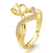 Adjustable Brass Finger Ring Components, with Micro Pave Cubic Zirconia, For Half Drilled Beads, Long-Lasting Plated, Flower, Clear, Golden, US Size 7, Inner Diameter: 17.3mm, Tray: 9mm(ZIRC-I049-03G)