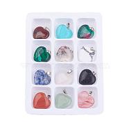 Natural & Synthetic Mixed Gemstone Pendants, with Brass Clasps, Heart, 22x21x6mm, Hole: 6x2mm, 12pcs/box(G-S045-11-B)