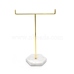 (Defective Closeout Sale: Scratched), T-Shaped Alloy Jewelry Rack, with Marble Pedestal, Necklace Earrings Display Storage Stand, Golden, Finished Product: 18x8.95x24.5cm, 2pcs/set(ODIS-XCP0001-12)