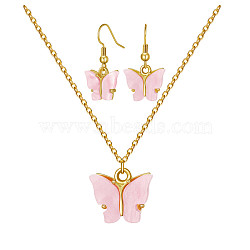 Alloy Acrylic Earrings & Necklaces Jewelry Sets, with Brass Cable Chains, Earring Hooks and 304 Stainless Steel Lobster Claw Clasps, Butterfly, Pink, Necklaces: 17.71 inch(45cm), Earrings: 29mm, Pin: 0.8mm(SJEW-PH01380-03)