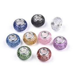 Epoxy Resin European Beads, Large Hole Beads, with Glitter Powder and Platinum Tone Brass Double Cores, Rondelle, Mixed Color, 14x9mm, Hole: 5mm(RPDL-N015-02)