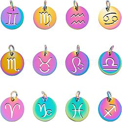 201 Stainless Steel Charms, Laser Cut, with Jump Rings, Flat Round with 12 Constellations, Rainbow Color, 12x12x1mm, Total: 12pcs/set, 2sets/box(STAS-UN0022-97MC)