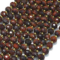 Natural Tiger Eye Beads Strands, with Seed Beads, Faceted, Lantern, 8~8.5x6.5~7mm, Hole: 0.6mm, about 44pcs/strand, 15.16''(38.5cm)(G-K389-E52-01)