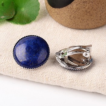 Natural Lapis Lazuli Dome/Half Round Clip-on Earrings, with Platinum Plated Brass Findings, 21mm
