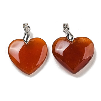 Dyed & Heated Natural Carnelian Pendants, Heart Charms, with Rack Plating Platinum Tone Brass Findings, Cadmium Free & Lead Free, 29x21.5x6.5mm, Hole: 4x5mm