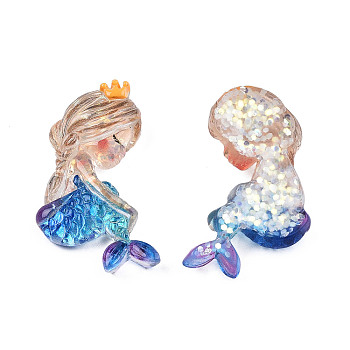 Transparent Resin Cabochons, with Glitter Sequins, Mermaid Shape, Blue, 35.5x23x7.5mm