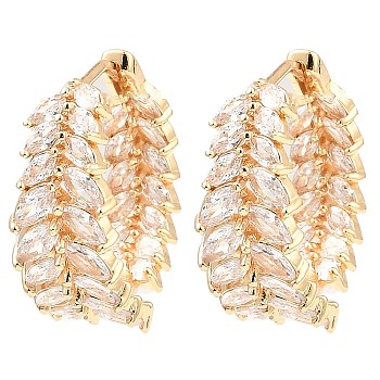 Brass Micro Pave Cubic Zirconia Hoop Earring, Leaf, Light Gold, 22.5x9.5mm