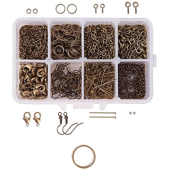 Jewelry Finding Sets, with Iron Jump Rings, Screw Eye Pin Bail Peg, Head Pins and Brass Lobster Claw Clasps, Earring Hooks, Crimp Beads and Assistant Ring, Antique Bronze, Jump Ring: 4/8x0.7mm, Bail: 8/10x4/5x1/1.2mm, Headpin: 22x0.7mm, Clasp: 12x6mm, Hook: 19mm, Bead: 2mm