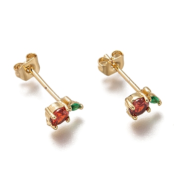 Brass Stud Earrings, with Cubic Zirconia and Ear Nuts, Apple, Red, Golden, 6.5x4.5mm, Pin: 0.7mm
