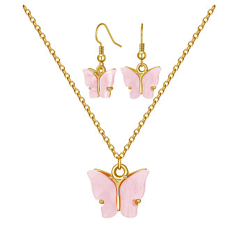 Alloy Acrylic Earrings & Necklaces Jewelry Sets, with Brass Cable Chains, Earring Hooks and 304 Stainless Steel Lobster Claw Clasps, Butterfly, Pink, Necklaces: 17.71 inch(45cm), Earrings: 29mm, Pin: 0.8mm