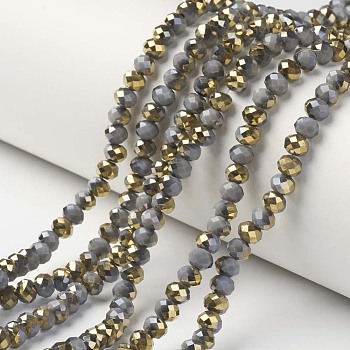 Electroplate Opaque Glass Beads Strands, Half Golden Plated, Faceted, Rondelle, Dark Gray, 6x5mm, Hole: 1mm, about 85~88pcs/strand, 16.1~16.5 inch(41~42cm)
