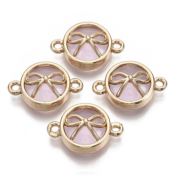 Glass Links Connectors, with Light Gold Plated Alloy Findings, Flat Round with Bowknot, Pearl Pink, 13.5x19.5x6.5mm, Hole: 1.6mm