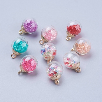 Glass Ball Pendants, with Rhinestone and Brass Findings, Golden, Mixed Color, 21x15mm, Hole: 2mm