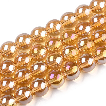 Electroplate Transparent Glass Beads Strands, AB Color Plated, Round, Goldenrod, 8~8.5mm, Hole: 1.5mm, about 51~53pcs/strand, 14.96 inch~15.55 inch(38~39.7cm)