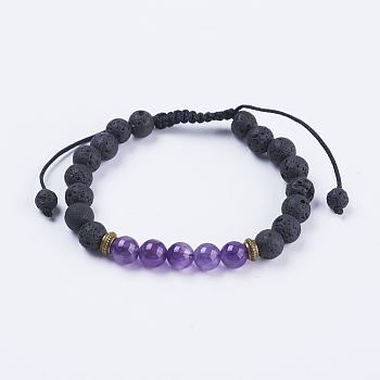 Adjustable Nylon Cord Braided Bead Bracelets, with Lava Rock, Amethyst Beads & Alloy Findings, 2-1/8 inch(54mm)