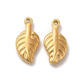 Vacuum Plating 201 Stainless Steel Pendants, Leaf Charm, Real 18K Gold Plated, 18x9x3mm, Hole: 1.5mm