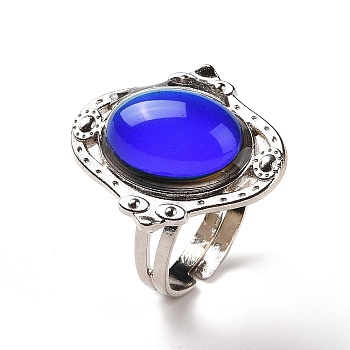 Glass Oval Mood Ring, Temperature Change Color Emotion Feeling Alloy Adjustable Ring for Women, Platinum, Inner Diameter: 17.3~18.5mm