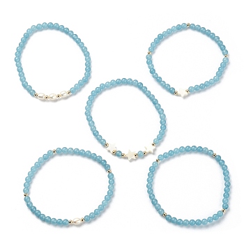 5Pcs 5 Style Natural Dyed White Jade & Pearl & Shell Star Beaded Stretch Bracelets Set, Inner Diameter: 1-3/4~1-3/4 inch(4.3~4.5cm), 1Pcs/style
