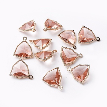 Glass Pendants, with Eco-Friendly Alloy Open Back Berzel Findings, Faceted, Triangle, Light Gold, Misty Rose, 17x14.5x7mm, Hole: 1.2mm
