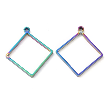 304 Stainless Steel Open Back Bezel Rhombus Pendants, For DIY UV Resin, Epoxy Resin, Pressed Flower Jewelry, Rainbow Color, 32x28.5x3mm, Hole: 2.2mm, Inner Diameter: 26x26mm