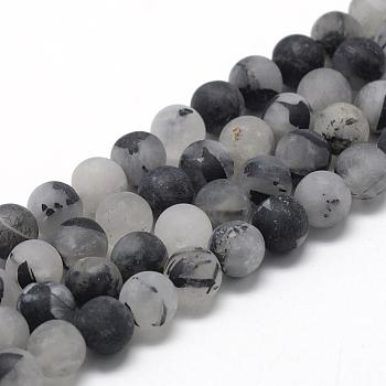 Natural Black Rutilated Quartz Beads Strands, Frosted, Round, 8~9mm, Hole: 1mm, about 45~48pcs/strand, 15.7 inch