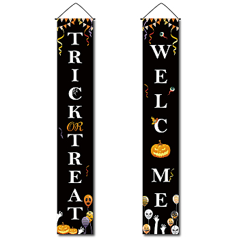 Halloween Hanging Polyester Sign for Home Office Front Door Porch Welcome Decorations, Rectangle with Word Trick Treat Welcome, Halloween Themed Pattern, 180x30cm, 2pcs/set