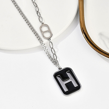 304 Stainless Steel Black Enamel H Rectangle Pendant Twisted Chain Necklaces for Women, Stainless Steel Color, 19.88 inch(50.5cm)