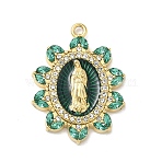 304 Stainless Steel Enamel with Crystal Rhinestone Pendants, PVD Vacuum Plating, Real 18K Gold Plated, Flower with Virgin Mary Charm, 26.5x20x3mm, Hole: 1.6mm(STAS-G371-03G-02)