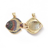 Brass Micro Pave Clear Cubic Zirconia Pendants, Fish, Colorful, 25x23x4mm, Hole: 3.5x5mm(ZIRC-F135-04G-04)