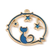 Alloy Enamel Pendants, Light Gold, Ring with Cat Shape, Steel Blue, 22.5x24x1.5mm, Hole: 1.4mm(ENAM-Z010-01A-KCG)