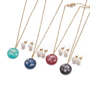 304 Stainless Steel Jewelry Sets, Resin Pendant Necklaces and Acrylic Beads Stud Earrings, with Ear Nuts/Earring Back, Flat Round, Mixed Color, 17.9~18 inch(45.5~45.9cm), 2mm, 10mm, Pin: 0.8mm(SJEW-F209-C)