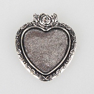 Tibetan Style Alloy Pendant Cabochon Settings, Cadmium Free & Lead Free, Heart with Rose, Antique Silver, Tray: 24x23mm, 38x33x2mm, Hole: 6x3mm(X-TIBEP-N003-16AS)