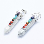 Chakra Jewelry, Natural Howlite Double Terminated Pointed Pendants, with Natural & Synthetic Mixed Stone Alloy Findings, Bullet, Platinum, 58~61x16.5~18x15.5~16mm, Hole: 4.5x7.5mm(G-G759-C14)