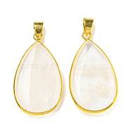 Natural Quartz Crystal Pendants, Golden Tone Rack Plating Brass Rock Crystal Teardrop Charms, 35x19x11.5mm, Hole: 4x5mm(G-K338-20G)