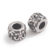 304 Stainless Steel Beads, Large Hole Beads, Column with Fleur De Lis, Antique Silver, 9x6.5mm, Hole: 4.5mm(STAS-F237-24AS)
