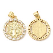 Rack Plating Brass Pendants, with Cubic Zirconia, Flat Round, Real 16K Gold Plated, 21x18x2mm, Hole: 4x3.5mm(KK-R146-03G)