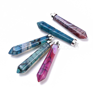 Natural Crackle Agate Big Pointed Pendants, with Alloy Findings, Bullet, Dyed, Platinum, 54~56x11x10mm, Hole: 1.5mm(G-T062-15)