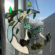 Moon with Mushroom Acrylic Pendant Decrations, Hanging Pendant for Window Doors Home Decoration, Aqua, 250mm(MUSH-PW0001-097B)