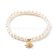 Brass Micro Pave Clear Cubic Zirconia Stretch Charm Bracelets, with Round Natural Pearl Beads, Sun, White, Real 18K Gold Plated, Inner Diameter: 2-1/4 inch(5.8cm)(BJEW-JB06261-05)
