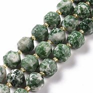 Natural Green Spot Jasper Beads Strands, with Seed Beads, Faceted Bicone Barrel Drum, 9~10mm, Hole: 1.2mm, about 29~32pcs/strand, 14.45~14.84 inch(36.7~37.7cm)(G-G990-F10)
