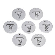304 Stainless Steel Charms, Laser Cut, Designed Letter Engraved, Flat Round, Stainless Steel Color, Letter.T, 14x1mm, Hole: 1.2mm(STAS-T059-26P-T)