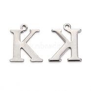 304 Stainless Steel Alphabet Charms, Stainless Steel Color, Letter.K, 12x10x1mm, Hole: 1mm(STAS-H122-K-P)