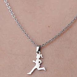 201 Stainless Steel Running Girl Pendant Necklace, Stainless Steel Color, 17.72 inch(45cm)(NJEW-OY001-30)