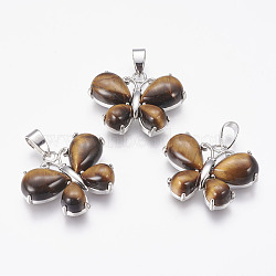 Natural Tiger Eye Pendants, Butterfly, with Brass Finding, Platinum, 24x30x7.5~8mm, Hole: 4x7.5mm(G-E467-09D)