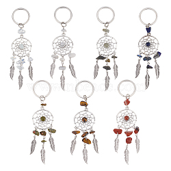 14pcs 7 style Natural & Synthetic Gemstone Keychain, with Iron, 304 Stainless Steel & Alloy Findings, Woven Net/Web with Feather, 11.4~11.8cm, 2pcs/style(KEYC-UN0001-08)
