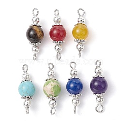 7Pcs 7 Colors Mixed Stone Connector Charms, Chakra Round Links with Antique Silver Plated Alloy Flower Findings, Mixed Dyed and Undyed, 24x8mm, Hole: 2mm, about 1pc/color(PALLOY-JF02382)
